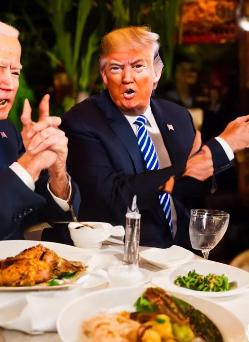 Image similar to Trump and Biden having dinner at a fancy Balinese restaurant, award winning photography, sigma 85mm Lens F/1.4, blurred background, perfect faces