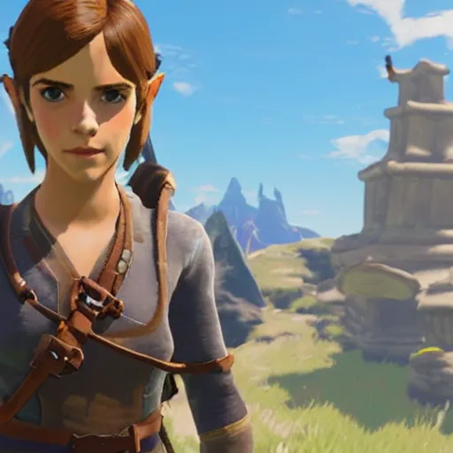 Prompt: Emma Watson screenshot from breath of the wild