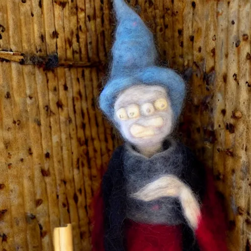 Image similar to photo of a life sized needle - felted 2 0 0 year old wrinkly crone covered in warts sitting behind a needle felted dumpster in a needle felted alley way with low soft light