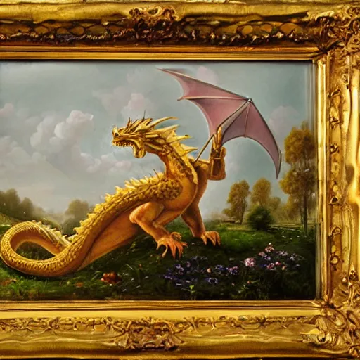 Image similar to Dragon in English meadow, Rococo, illustration, oil painting