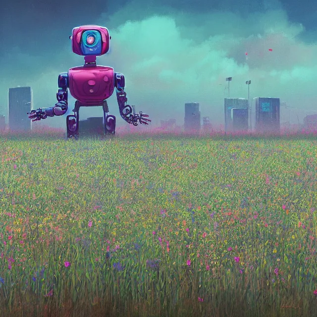 Image similar to a cyberpunk robot in a field of flowers by simon stalenhag