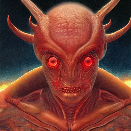 Image similar to realistic alien medium shot portrait with horns. red eyes, human eyes, background flames, by wayne barlowe