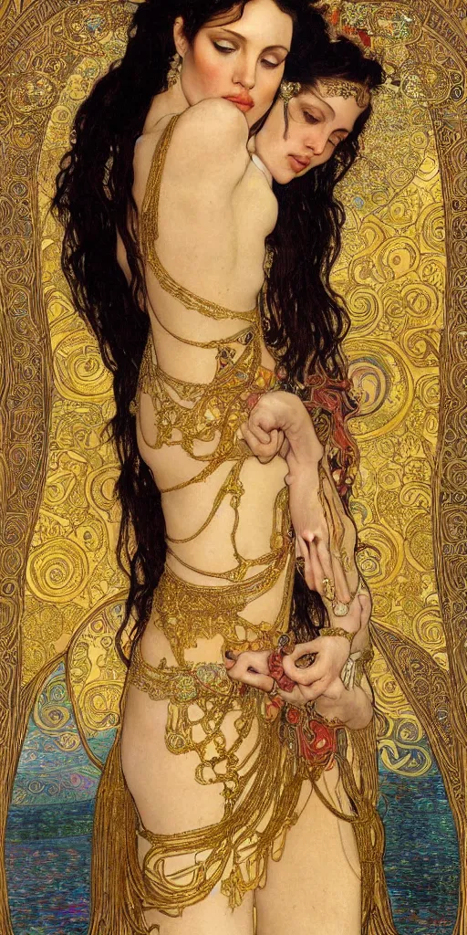 Image similar to realistic detailed dramatic portrait of Anglina Jolie as Salome dancing, wearing an elaborate jeweled gown, by Alphonse Mucha and Gustav Klimt, gilded details, intricate spirals, coiled realistic serpents, Neo-Gothic, gothic, Art Nouveau, ornate medieval religious icon, long dark flowing hair spreading around her