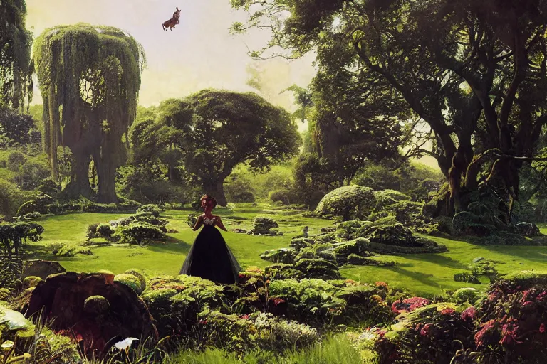 Prompt: illustration of elegant black woman watching spacecraft land in garden of english country mansion, baobab trees, distant town in valley and hills, by norman rockwell, jack kirby, john berkey, bergey, craig mullins, ruan jia, raymond swanland, jeremy mann, tom lovell, morgan weistling, carl spitzweg