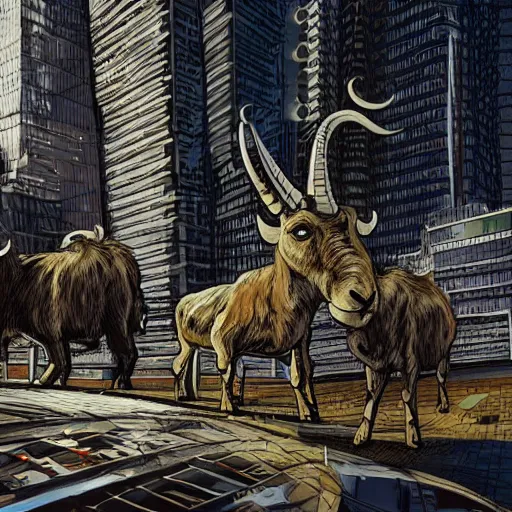 Image similar to a horned goat in a cityscape, intricate, futuristic, ultra realistic, hyper detailed, cinematic, bold,