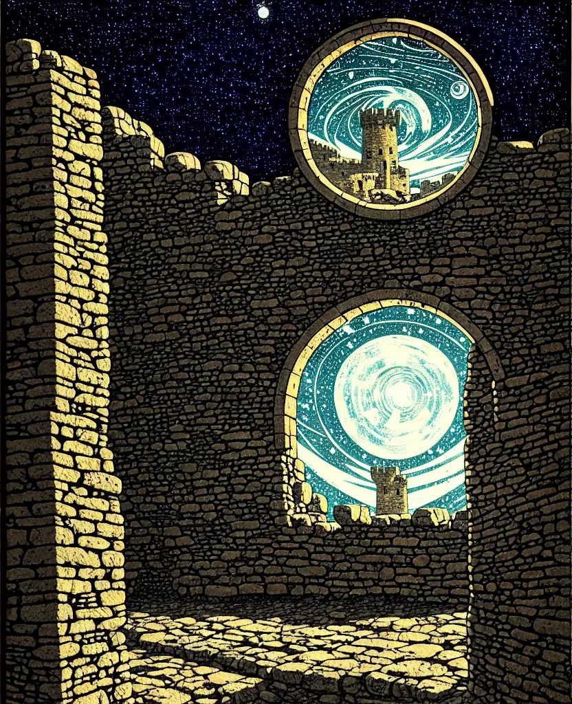 Image similar to stone wall inside of a ancient castle, round window looking out to the starry night sky, high details, intricately detailed, by vincent di fate, inking, 3 color screen print, masterpiece, trending on artstation,, sharp, details, hyper - detailed, hd, 4 k, 8 k