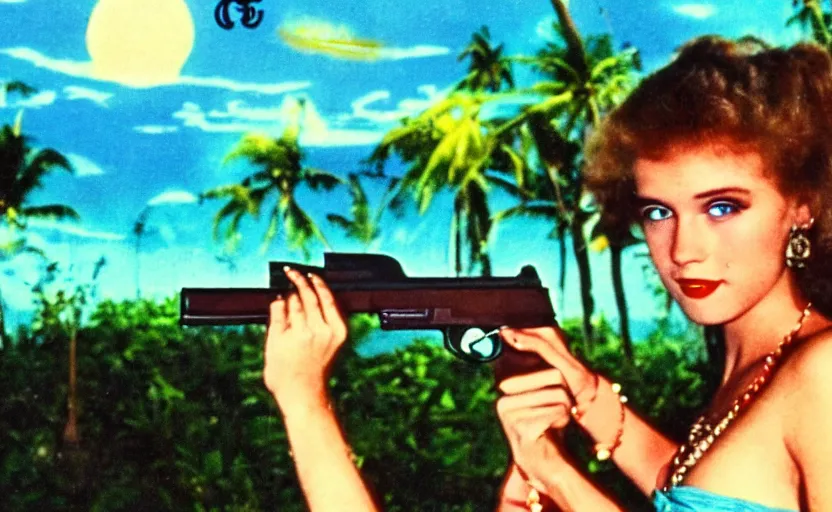 Image similar to 1 9 8 6 vintage movie screencap of a girl with a gun on a narco mansion, gucci clothes, night sky, beach and tropical vegetation on the background major arcana sky and occult symbols, 1 9 8 6 photo