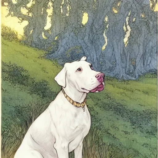 Image similar to pretty girl with curly blonde hair pets a white pitbull sitting next to her, painting by rebecca guay