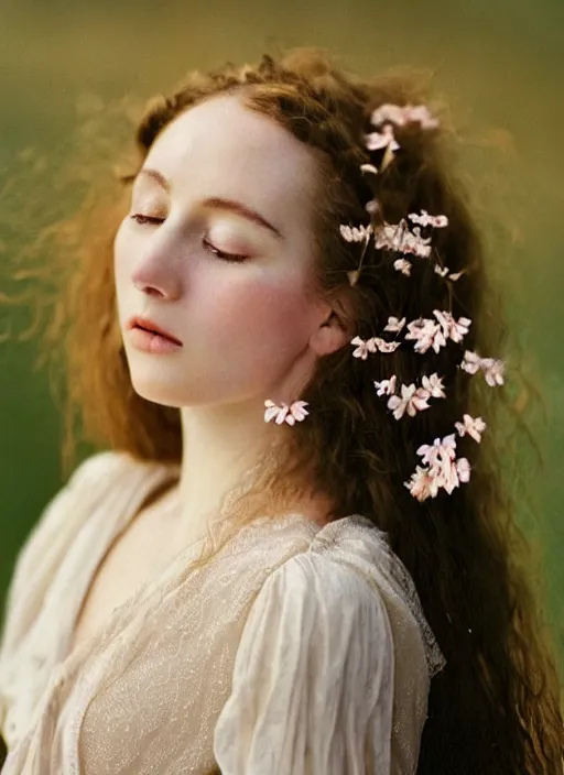 Prompt: Kodak Portra 400, 8K, soft light, volumetric lighting, highly detailed, britt marling style 3/4, Close-up portrait photography of a beautiful woman how pre-Raphaelites a woman with her eyes closed is surrounded by water, she has a beautiful lace dress and hair are intricate with highly detailed realistic beautiful flowers , Realistic, Refined, Highly Detailed, natural outdoor soft pastel lighting colors scheme, outdoor fine art photography, Hyper realistic, photo realistic