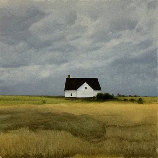 Image similar to “a soft prairie landscape with a white washed farmhouse and dilapidated barn, during august late afternoon, gentle wispy clouds, in the style of Andrew Wyeth, muted colours, f3.5”