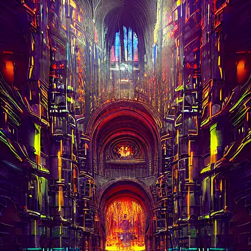 Prompt: “ inside a cathedral, cyberpunk art by vincent lefevre, behance contest winner, altermodern, cityscape, synthwave, matte painting ”