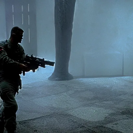 Image similar to soldier is made of rocks, still from the movie universal soldier, fog, dramatic lighting