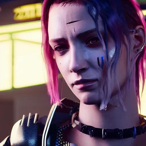 Prompt: female V from Cyberpunk 2077 wearing spiked black choker, steel collar, steel choker, punk, steel collar, 4K, realistic, spiked collar, art, beautiful, hd