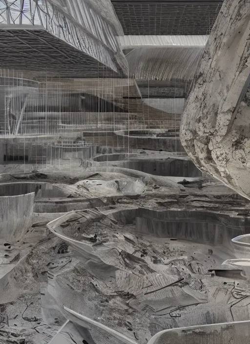 Image similar to art exhibition, architecture installation in biennale venezia, bioremediation white mining tailing futuristic horizontal architecture, epic, cinematic, hyperealistic, high detailed, corona render, hdr, ray tracing