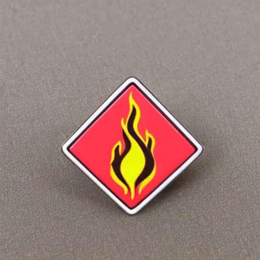 Prompt: a triangle enamel pin of a retro minimalistic fire flames warning label, smooth curves