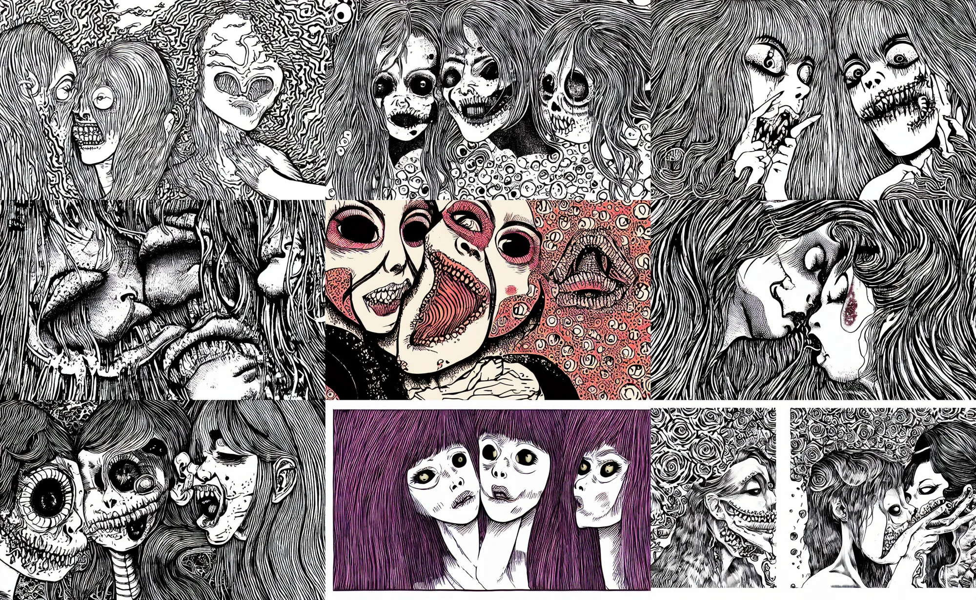 Prompt: two adorable, Eldritch, women abominations of unimaginable horror kissing each other close-up by Junji Ito, speculative evolution, horror manga, psychedelic illustration, sticker illustration, Vector art