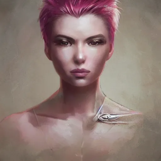 Image similar to portrait of a young woman with short pink spiky hair and dark eyes, intricate, elegant, highly detailed, digital painting, artstation, concept art, sharp focus, illustration, art by aleksi briclot, rutkowski