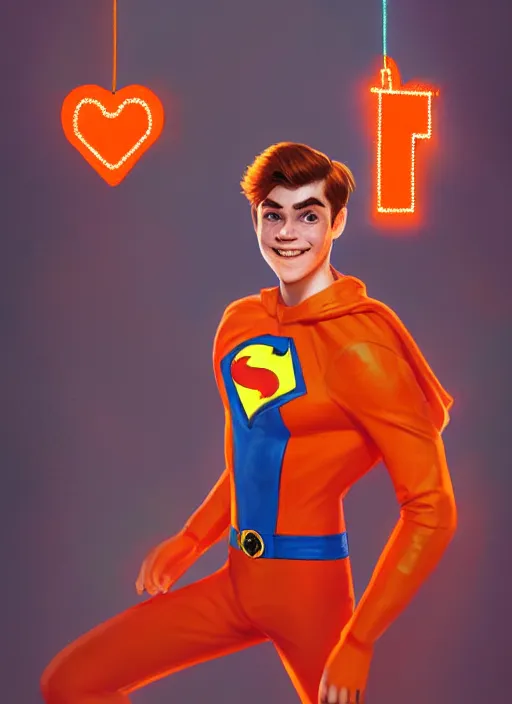 Image similar to friendly teenage archie andrews wearing an orange superhero costume, freckles, superhero costume with heart emblem, cape, intricate, elegant, glowing lights, highly detailed, digital painting, artstation, sharp focus, illustration, art by wlop, mars ravelo and greg rutkowski