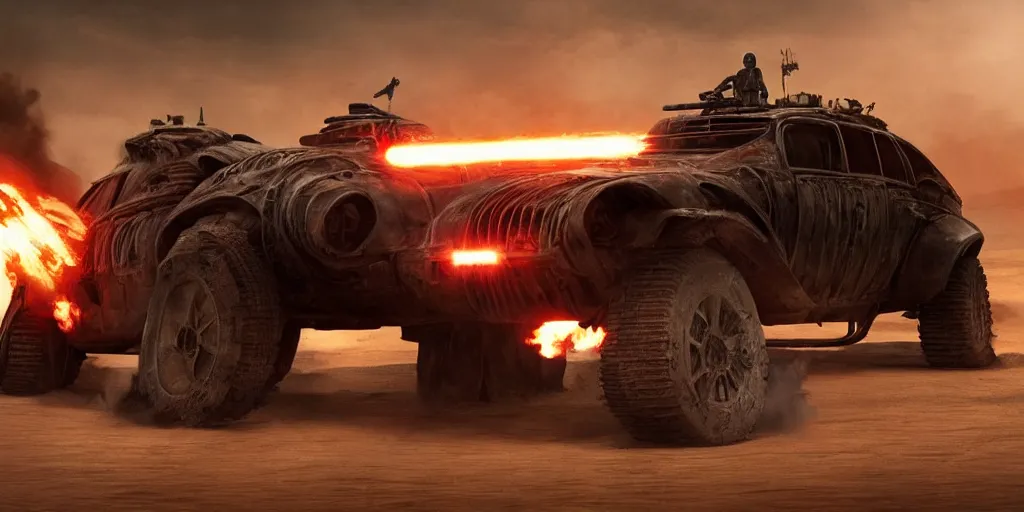 Prompt: Darth Vader standing on a driving post apocalyptic battle car in the desert and weilding a flamethrower, Mad Max Fury Road, sandstorm, fire, realistic, flags, spikes, dust