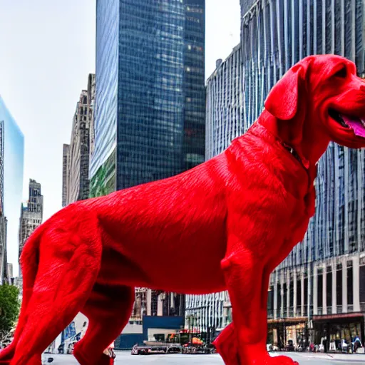 Image similar to a long shot of Clifford a big red dog 25 feet tall photographed in New York City, Times Square avenue barking at random tourists, 4k, detailed