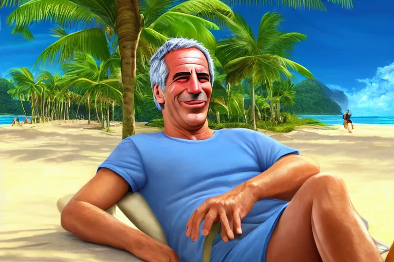 Prompt: laughing Jeffrey Epstein on tropical island, hyper realistic by Pixar, 8k high quality wallpaper