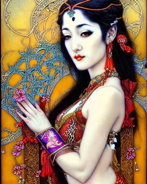 Image similar to beautiful and playful bellydancer, art nouveau, fantasy, intricate oriental designs, elegant, highly detailed, sharp focus, art by chie yoshii