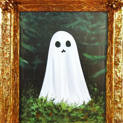 Image similar to ghost in haunted forest, brush strokes, oil painting