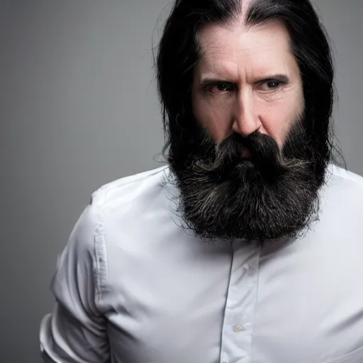 Image similar to studio photo of a handsome middle aged caucasian man, with pale skin, long wavy black hair, full beard, hooked nose, wearing a black suit, 8k, high resolution,