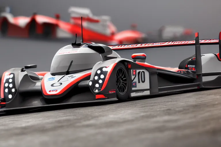 Image similar to Honda Civic LMP2 car racing on dimly lit track overcast skies raining headlights illuminating the track cinematic digital painting vray