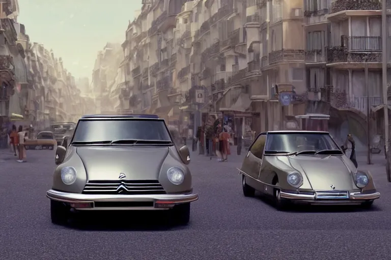 Prompt: a wholesome beautiful animation key shot of!! one!! focused!! 1 9 7 4 citroen ds!! in a paris street, medium wide shot, studio ghibli, ( pixar ) and disney animation, sharp, very detailed, high resolution, rendered in unreal engine 5, anime key art by greg rutkowski, bloom, dramatic lighting