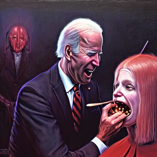 Image similar to epic Joe Biden eating a waffle cone in pandemonium, demons and souls, portrait, art by Wayne Barlowe, oil on canvas