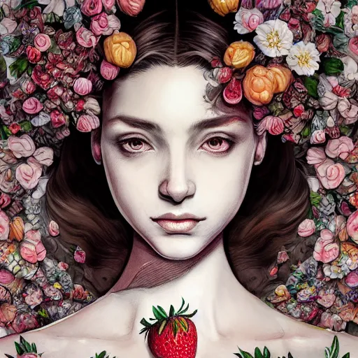 Image similar to the portrait of an absurdly beautiful, graceful, elegant, sophisticated, fashionable young woman made of strawberries and white petals looking down, an ultrafine hyperdetailed illustration by kim jung gi, irakli nadar, intricate linework, bright colors, octopath traveler, final fantasy, unreal engine 5 highly rendered, global illumination, radiant light, detailed and intricate environment