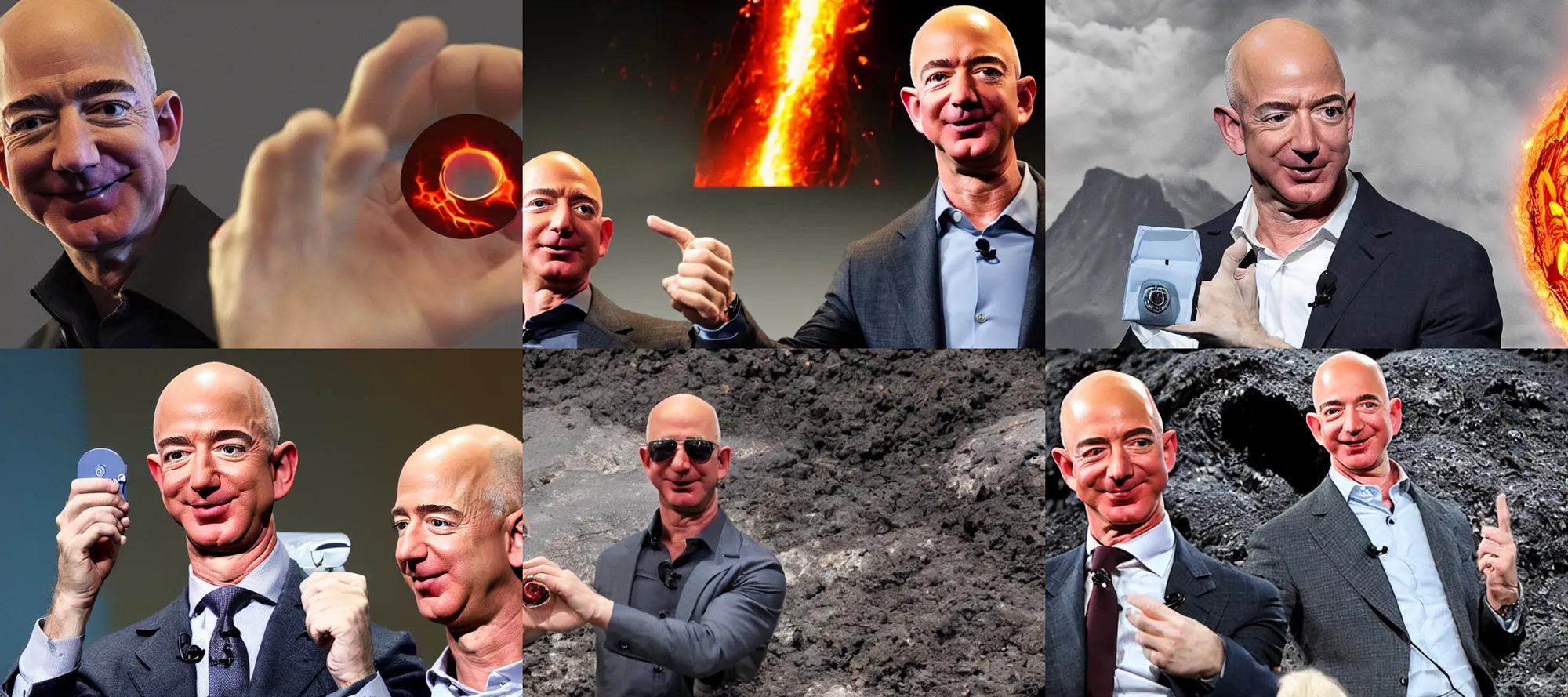 Prompt: jeff bezos holding the one true ring as he falls into the lava of mount doom