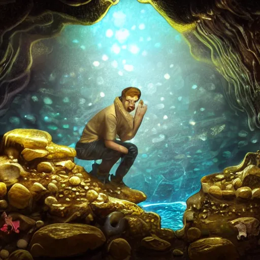 Prompt: adventurer archeologist, inside the wishing well cavern, piles of gold coins, refractive jewels, shallow water, gold refractions off water, moonlight beam from above illuminates cavern, reflective clean water on cavefloor, slick wet walls, soft glow fungi, small flowing stream from wall, lichen patches, gold dappled lighting, movie poster painting