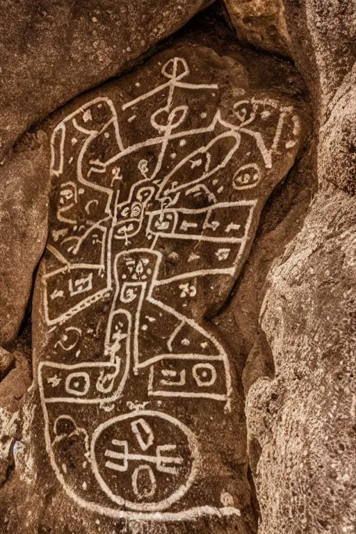 Image similar to 4 k photography of petroglyphs representing crosses, sauwastica, wifi symbol on a cave