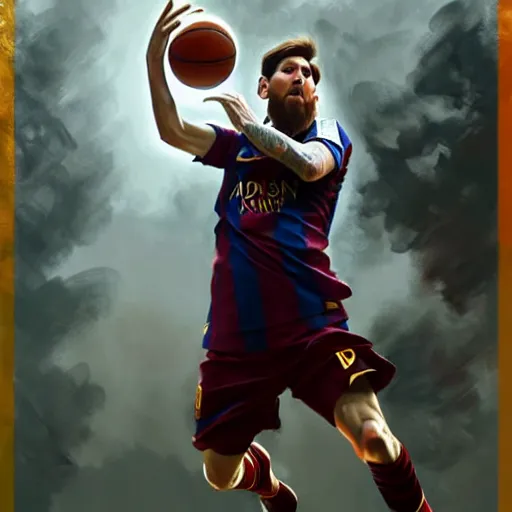 Image similar to Messi dunking a basketball, D&D, fantasy, intricate, elegant, highly detailed, digital painting, artstation, concept art, matte, sharp focus, illustration, art by Artgerm and Greg Rutkowski and Alphonse Mucha