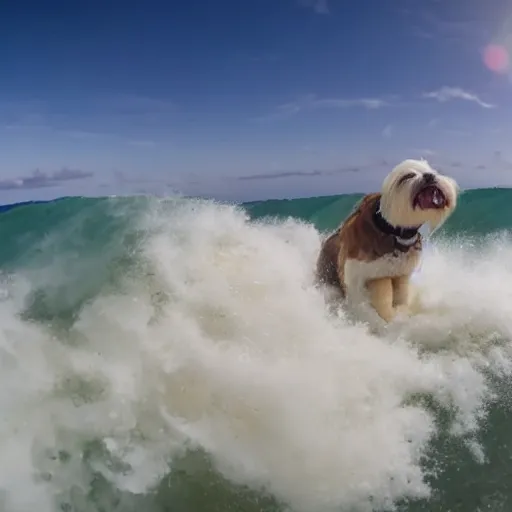 Image similar to a cream-colored havanese dog big wave surfing, gopro photo, 4k