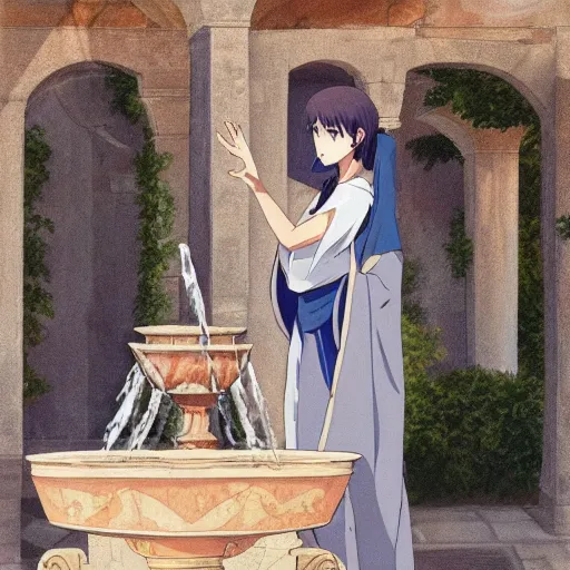 Image similar to an anime waifu in a greek attire pouring water out of a vase into a fountain, spanish ghibli alleyway