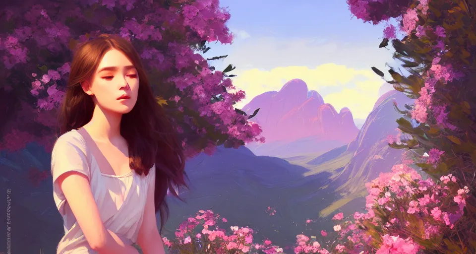 Image similar to a girl clothed in serene flowers behind a beautiful mountain landscape, night setting. realistic shaded lighting poster by ilya kuvshinov katsuhiro, magali villeneuve, artgerm, jeremy lipkin and michael garmash, rob rey and kentaro miura style, trending on art station