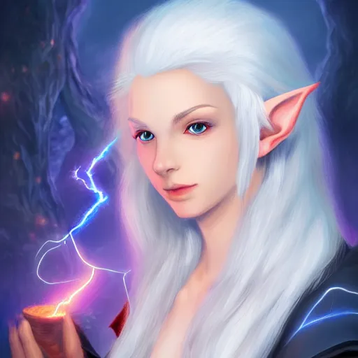 Image similar to Beautiful white haired aged fair skinned scholar elf with spell scroll and lightning background, realism, digital painting, detailed artwork, portrait, mythical, artstation