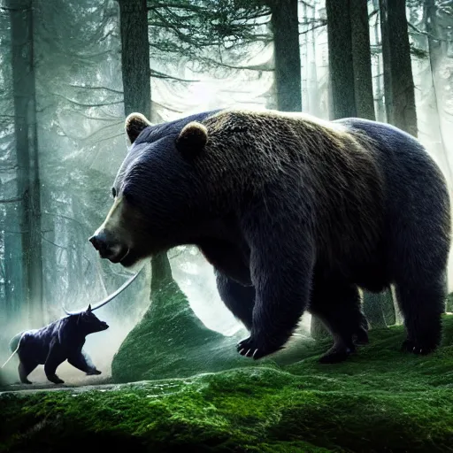 Image similar to a bear fighting a bull, magical forest, fantasy, Ireland, England, king Arthur, Lord of the rings, cinematic, realistic style, beautiful, majestic, dramatic lighting, early morning, dawn CGsociety, realistic, hyper maximalist, golden ratio, octane render, rule of thirds, wide shot , 8k resolution, epic volumetric light, cinematography, concept art, Artstation trending, environments, fantasy