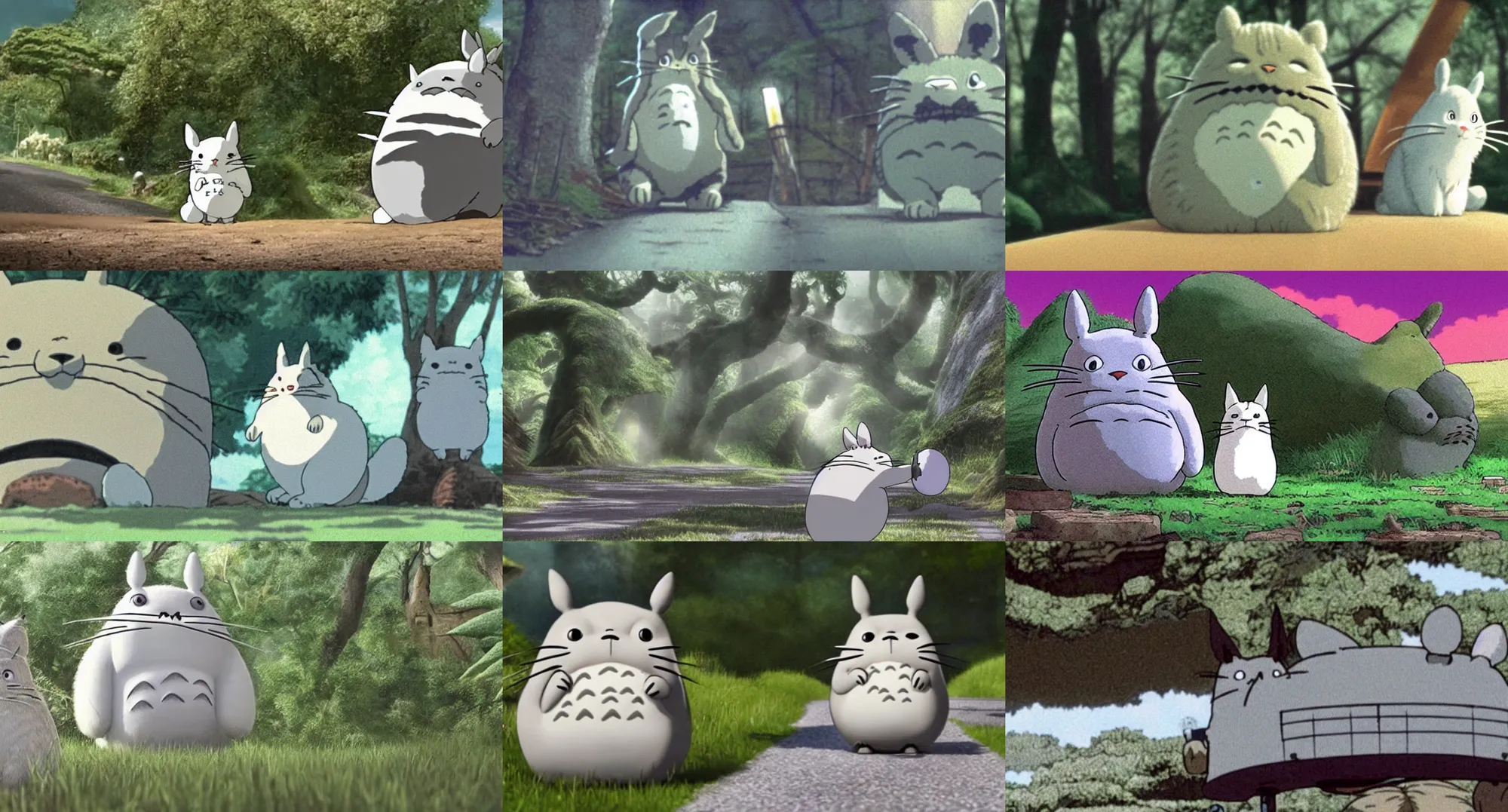 Prompt: award - wining extreme wide shot movie still of a white and grey tabby as the totoro cat bus, by studio ghibli, high detail