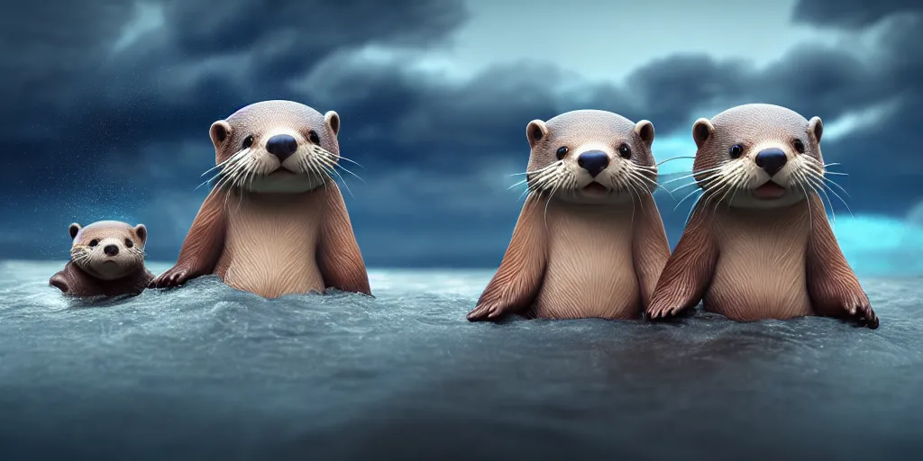 Prompt: my little everything, happy brave magical cuteness, fantasy otter love, otters holding hands side by side in the stormy sea, he holds her while she sleeps, hyper - realism, 8 k octane render