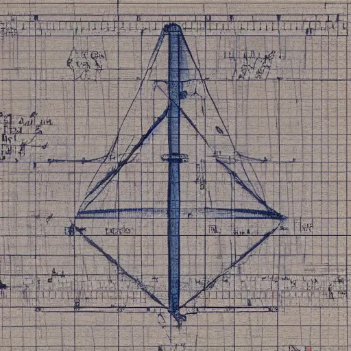 Prompt: impossible object, engineering drawing on blueprint paper