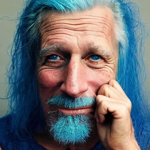 Prompt: portrait of an old man with blue hair, photo by annie leibovitz