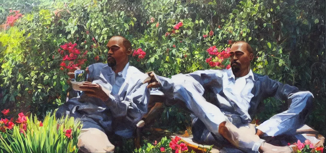 Prompt: kayne sipping tea, garden in the background, aged oil painting by le pho