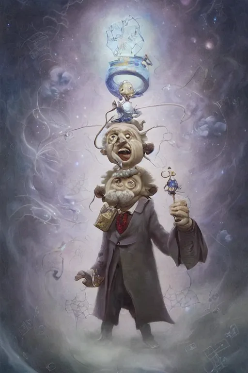 Prompt: spooky painting of albert einstein dressed as a disney genie, sky full of white equations, matte painting by brian froud, shaun tan, wlo and peter mohrbacher, highly detailed, intricate,, award winning artwork, trending on artstation, high quality printing, fine art