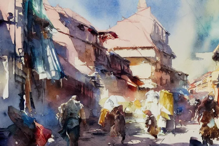 Prompt: small centered on watercolor paper, paint brush strokes, abstract watercolor painting of ancient cloth velved and silk market, fabrics, cinematic light, national romanticism by hans dahl, by jesper ejsing, by anders zorn, by greg rutkowski, by greg manchess, by tyler edlin