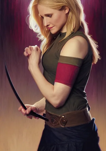 Prompt: kristen bell as buffy the vampire slayer, intricate, elegant, highly detailed, digital painting, artstation, concept art, smooth, sharp focus, illustration, art by artgerm and greg rutkowski and alphonse mucha and william - adolphe bouguereau