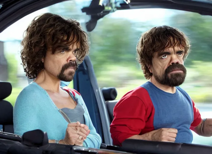 Image similar to peter dinklage and kate beckinsale driving a little tikes cozy coupe, movie still, from the new fast and furious tokyo drift movie, 8 k, realistic